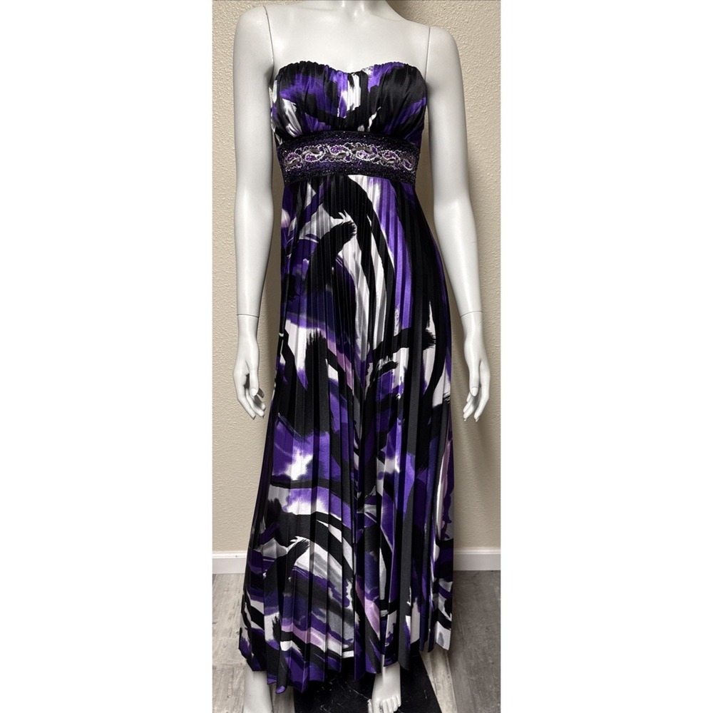 Formal Prom Dress XS Purple Black Pleated Beading Sequins Sleeveless Empire